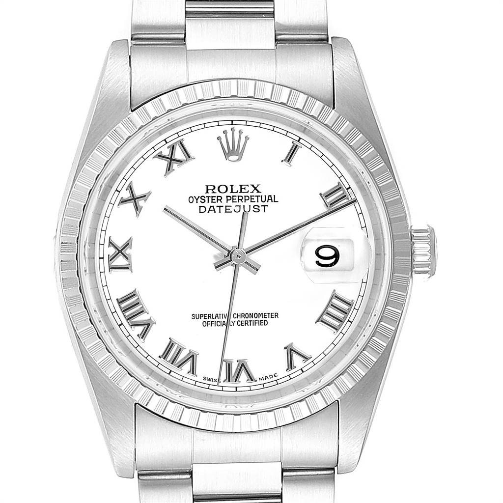 The Rolex Datejust 16220 Men's Stainless Steel White Dial 16220 Men's Stainless Steel White Dial watch is shown from a front angle, highlighting its white dial, Roman numeral hour markers, and date window at 3 o'clock.