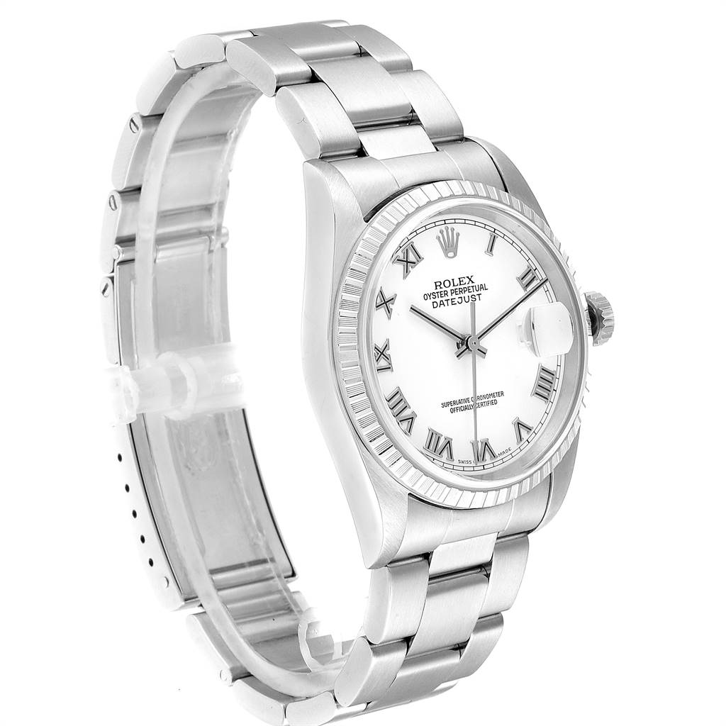 The Rolex Datejust 16220 Men's Stainless Steel White Dial 16220 Men's Stainless Steel White Dial watch is displayed at a three-quarter angle, showing its face, bezel, and part of the bracelet.