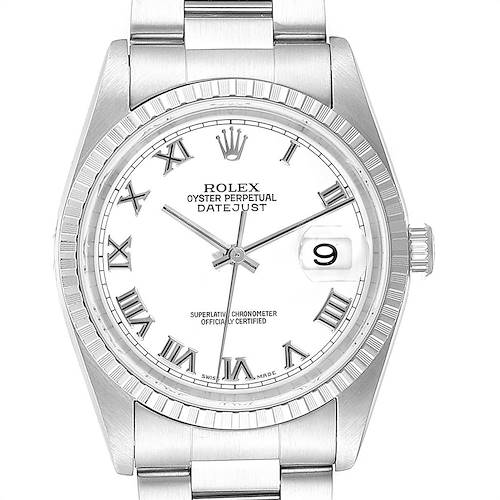 The image shows a front view of a Rolex Datejust watch with stainless steel bracelet, fluted bezel, and white dial with Roman numerals.