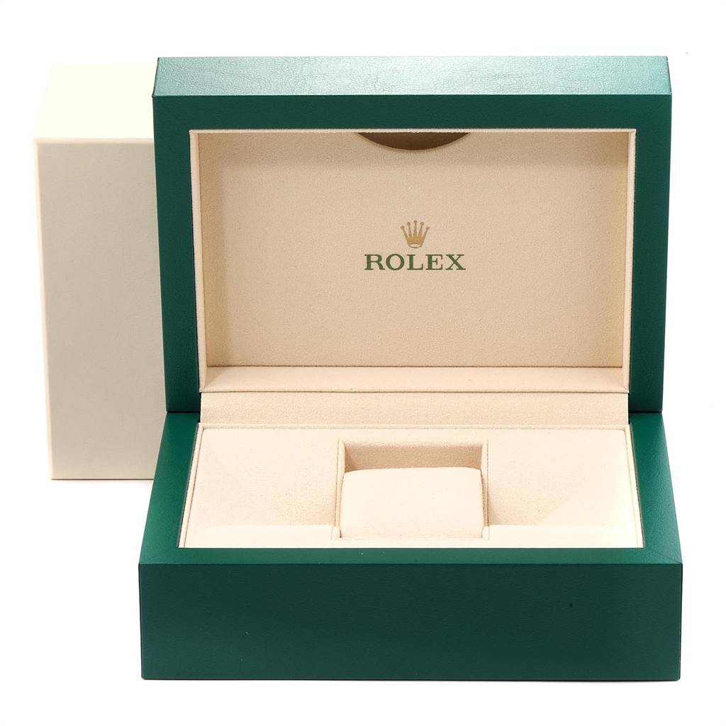 This is an open Rolex Datejust 116233 Men's Stainless Steel White Dial 116233 Men's Stainless Steel White Dial watch box, shown from the front, with the brand's logo inside the lid.