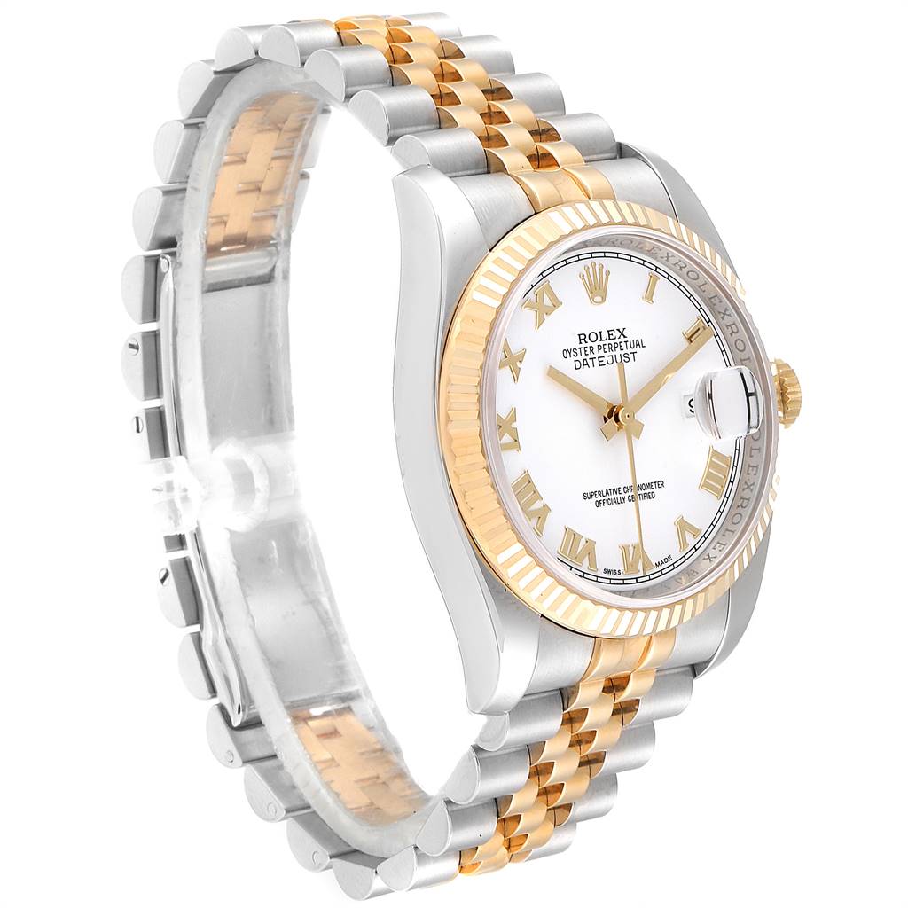 The image shows a side view of a Rolex Datejust 116233 Men's Stainless Steel White Dial 116233 Men's Stainless Steel White Dial watch, highlighting the bracelet, case, bezel, dial, and crown.