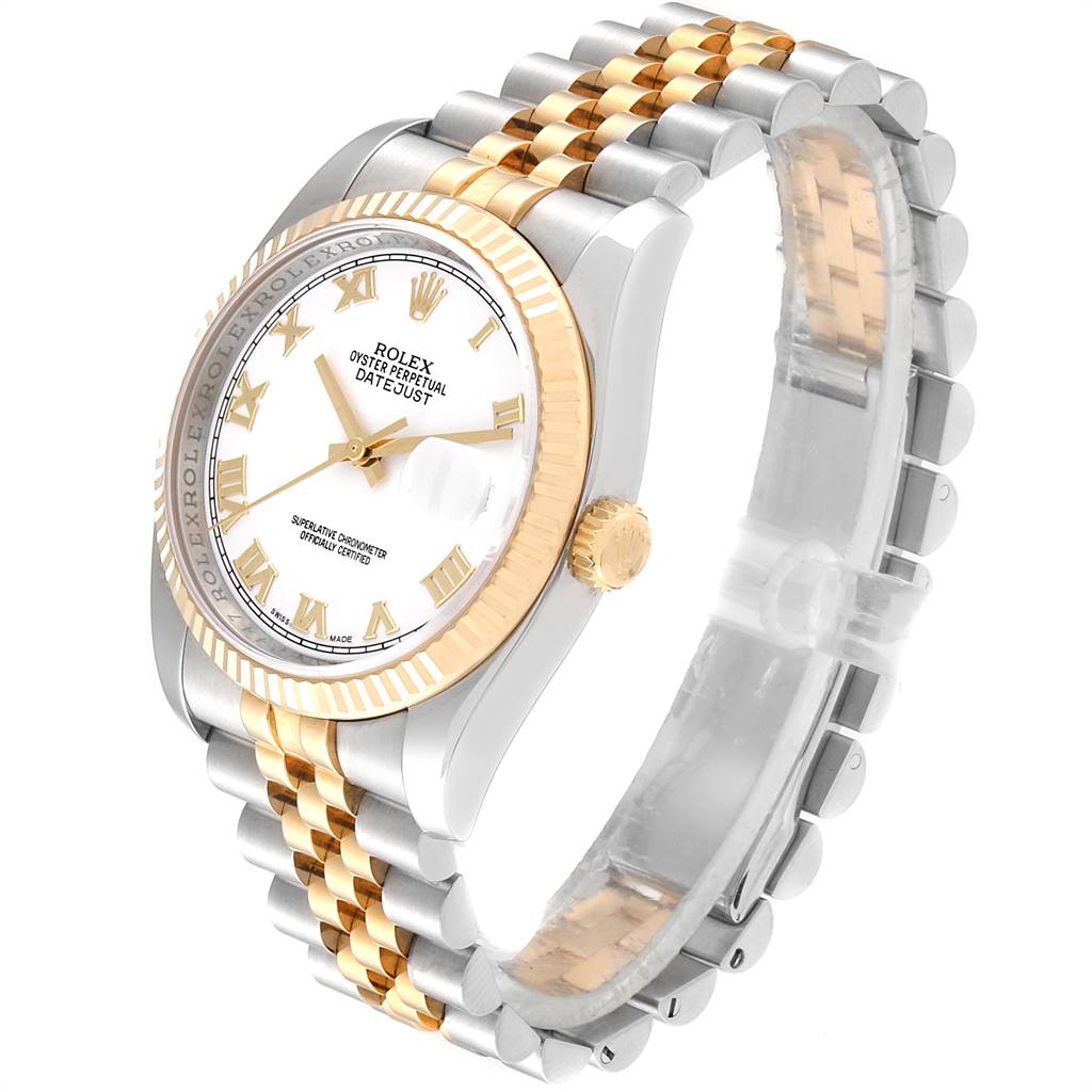 The image shows a Rolex Datejust 116233 Men's Stainless Steel White Dial 116233 Men's Stainless Steel White Dial watch with a gold and silver jubilee bracelet from a three-quarter angle.
