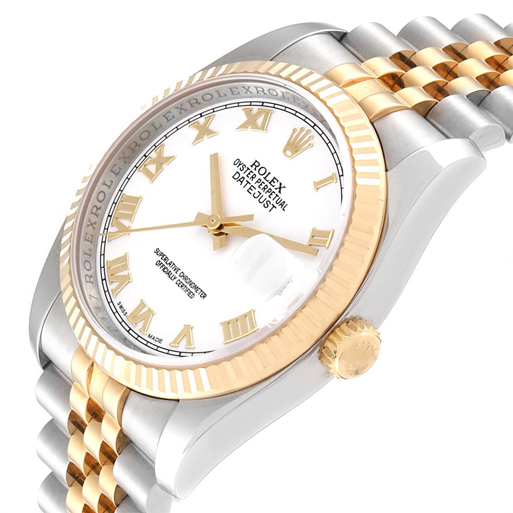 The image shows a side angle of a Rolex Datejust 116233 Men's Stainless Steel White Dial 116233 Men's Stainless Steel White Dial watch, highlighting the face, bezel, and part of the bracelet.
