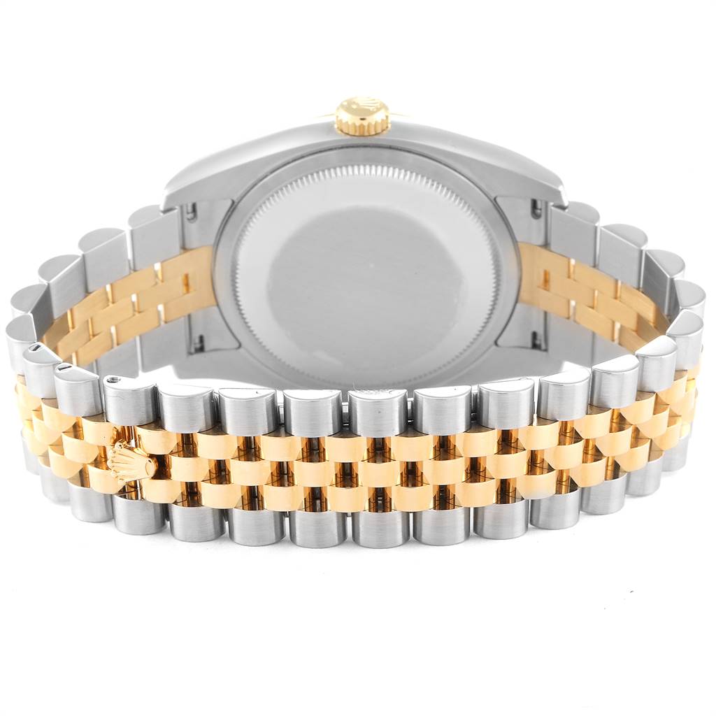 This image shows the back case and Jubilee bracelet of a Rolex Datejust 116233 Men's Stainless Steel White Dial 116233 Men's Stainless Steel White Dial watch, highlighting the two-tone metal finish.