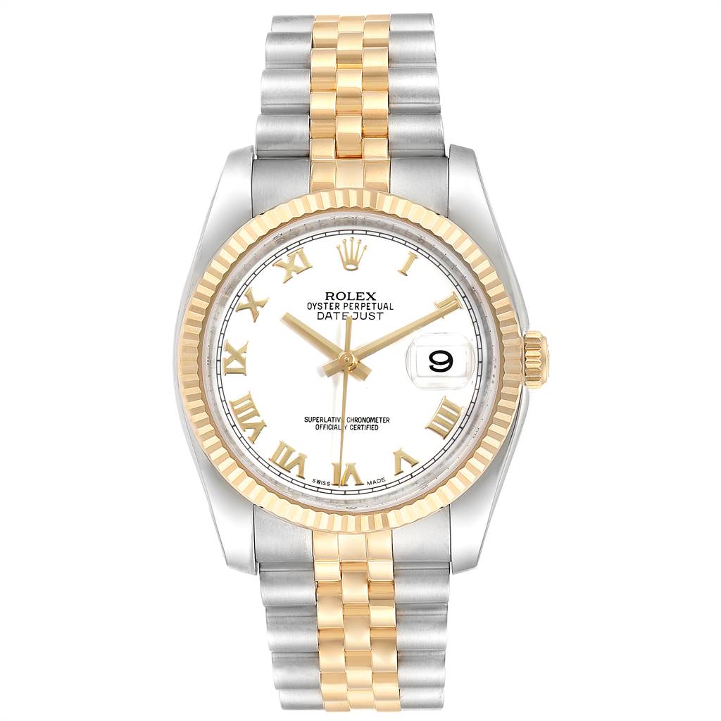This image shows a Rolex Datejust 116233 Men's Stainless Steel White Dial 116233 Men's Stainless Steel White Dial watch displaying the face, dial, crown, and two-tone bracelet from a front angle.