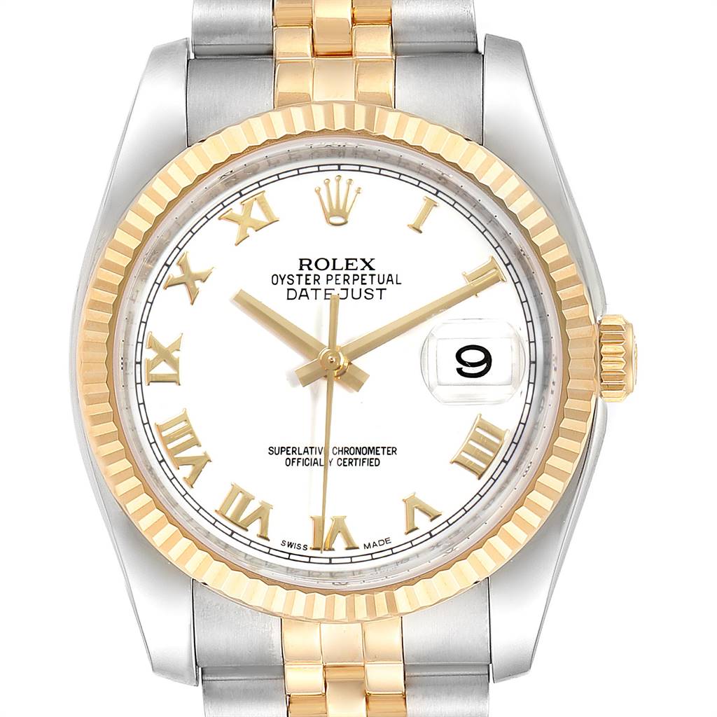 This image shows a front view of a Rolex Datejust 116233 Men's Stainless Steel White Dial 116233 Men's Stainless Steel White Dial watch, highlighting its gold and silver bracelet, white dial, and Roman numeral markers.