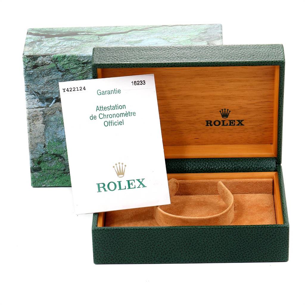 The image shows the open case and warranty card for a Rolex Datejust 16233 Men's Steel and Gold (two tone) White Dial 16233 Men's Steel and Gold (two tone) White Dial watch, displaying the box and accompanying documentation.