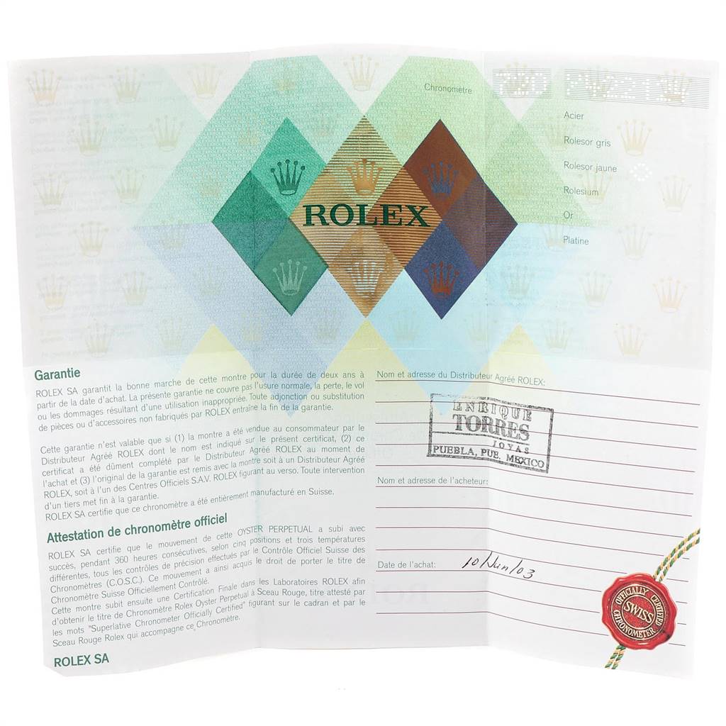 This image shows the warranty and chronometer certificate for a Rolex Datejust 16233 Men's Steel and Gold (two tone) White Dial 16233 Men's Steel and Gold (two tone) White Dial watch.