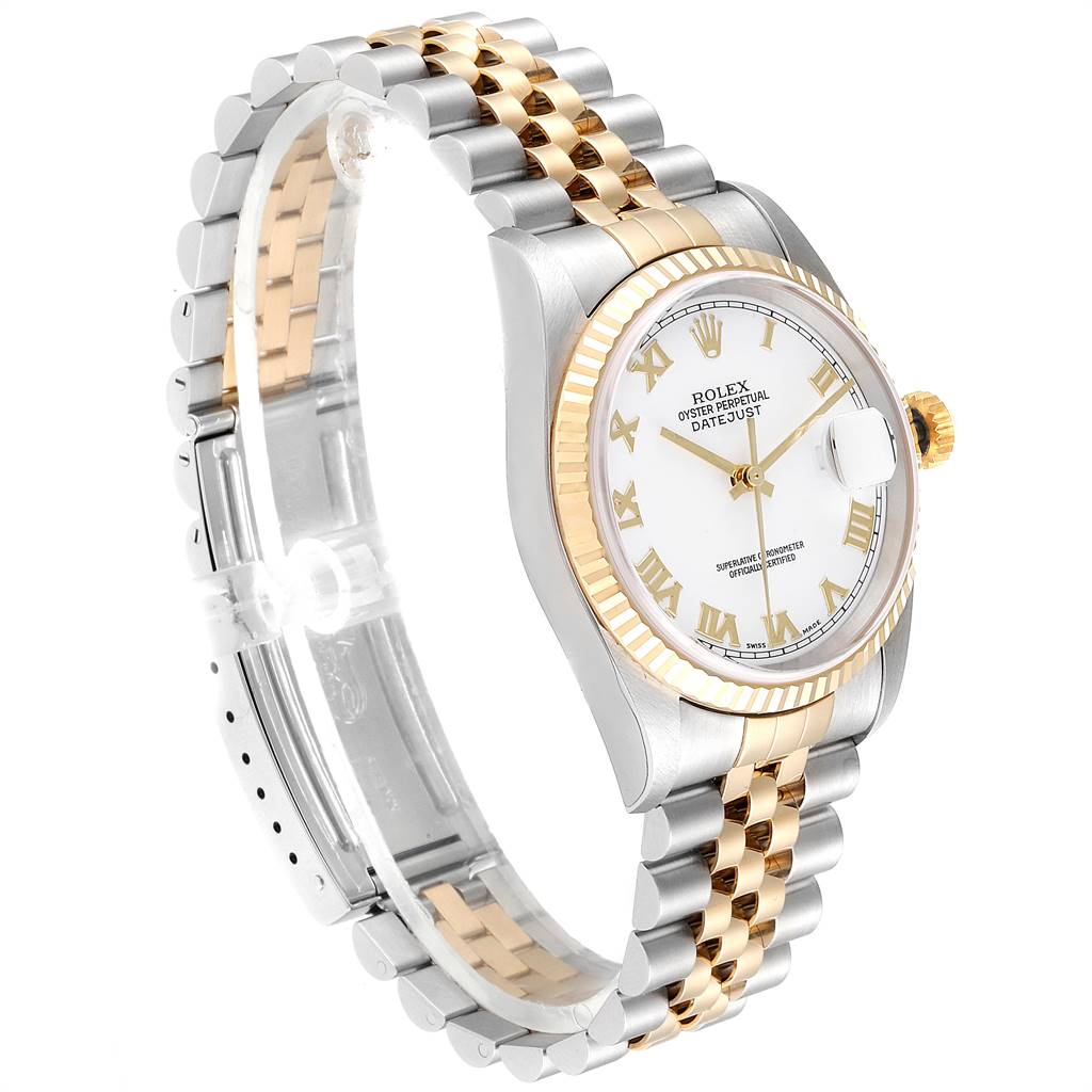 The image shows a Rolex Datejust 16233 Men's Steel and Gold (two tone) White Dial 16233 Men's Steel and Gold (two tone) White Dial watch angled to display its face, bezel, and two-tone bracelet.