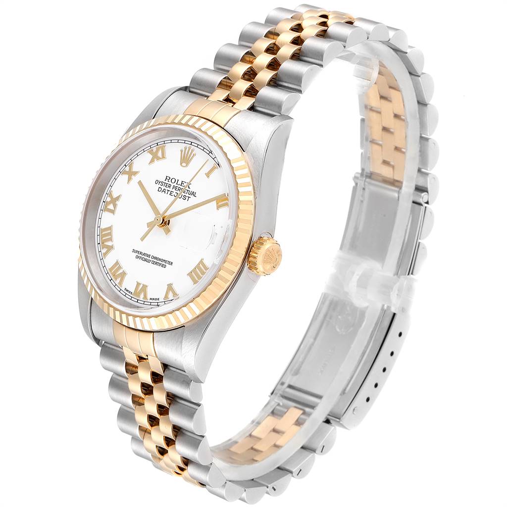 The image shows a Rolex Datejust 16233 Men's Steel and Gold (two tone) White Dial 16233 Men's Steel and Gold (two tone) White Dial watch at an angle showcasing the face, fluted bezel, crown, and two-tone jubilee bracelet.
