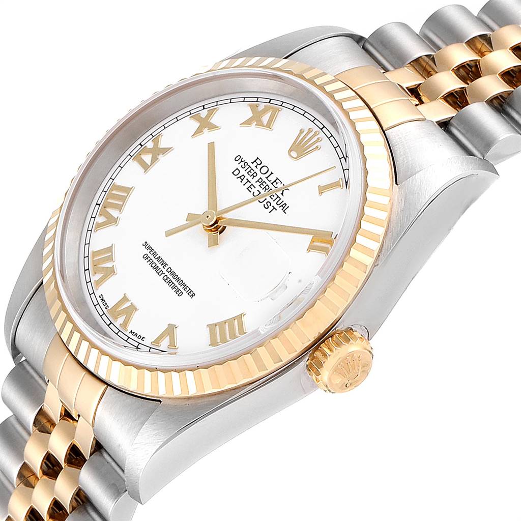 This image shows a close-up, angled view of the Rolex Datejust 16233 Men's Steel and Gold (two tone) White Dial 16233 Men's Steel and Gold (two tone) White Dial watch, highlighting the dial, bezel, and part of the bracelet.