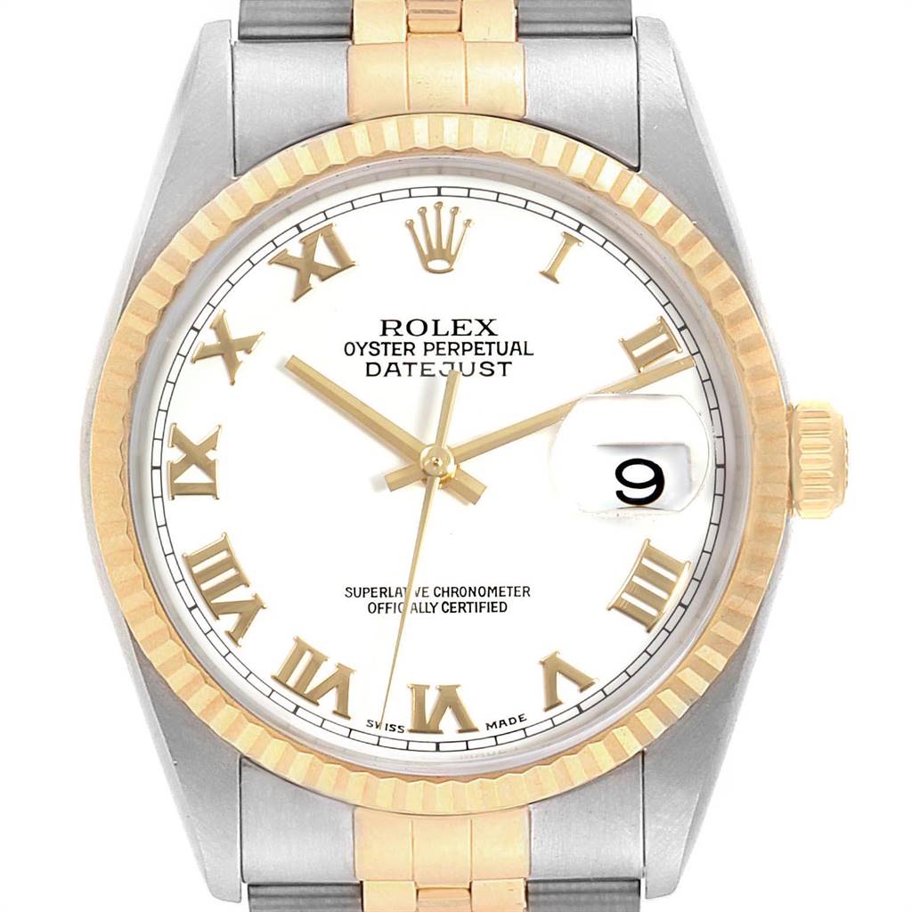 The image shows a close-up of the Rolex Datejust 16233 Men's Steel and Gold (two tone) White Dial 16233 Men's Steel and Gold (two tone) White Dial watch face, showcasing its two-tone design, date window, and gold Roman numerals.