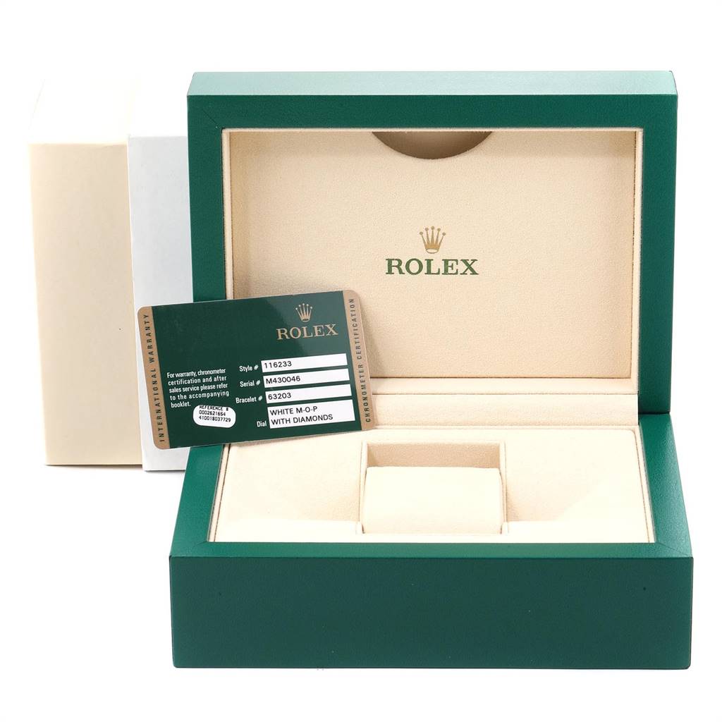 The image shows an open Rolex Datejust 116233 Men's Stainless Steel Mother of Pearl Dial 116233 Men's Stainless Steel Mother of Pearl Dial watch box with a warranty card visible in the front.