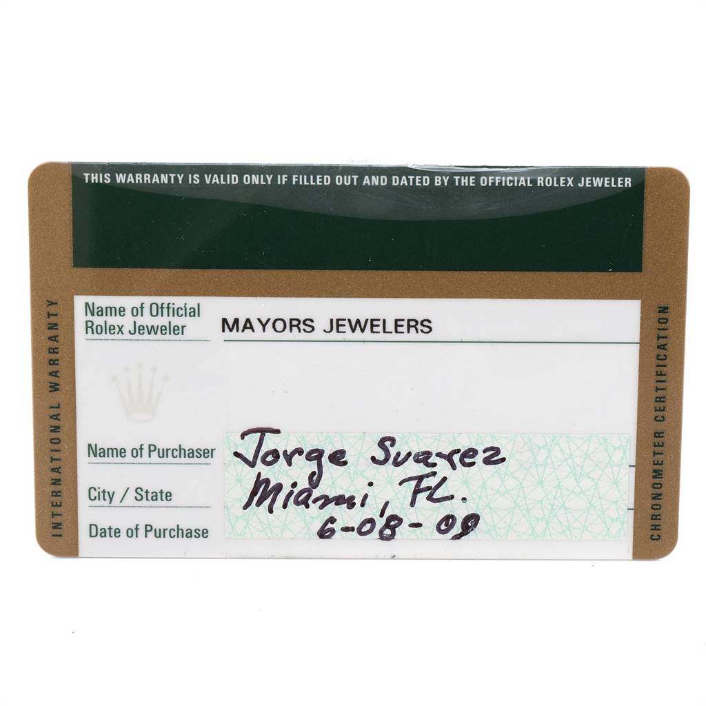 This is a warranty card for a Rolex Datejust 116233 Men's Stainless Steel Mother of Pearl Dial 116233 Men's Stainless Steel Mother of Pearl Dial model, showing sections for the official jeweler, purchaser, city/state, and date of purchase.