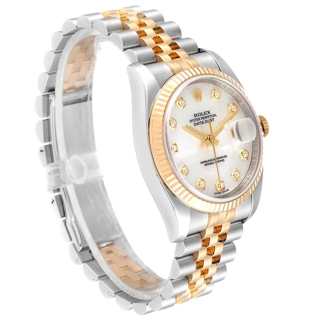 The Rolex Datejust 116233 Men's Stainless Steel Mother of Pearl Dial 116233 Men's Stainless Steel Mother of Pearl Dial watch is shown at a three-quarter angle, displaying the face, bezel, and Jubilee bracelet.