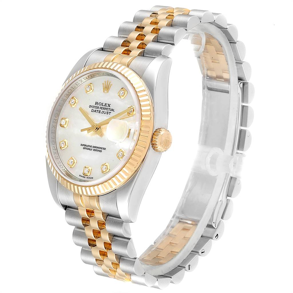 The image shows a side angle of the Rolex Datejust 116233 Men's Stainless Steel Mother of Pearl Dial 116233 Men's Stainless Steel Mother of Pearl Dial watch, highlighting its gold and silver bracelet, bezel, and dial.