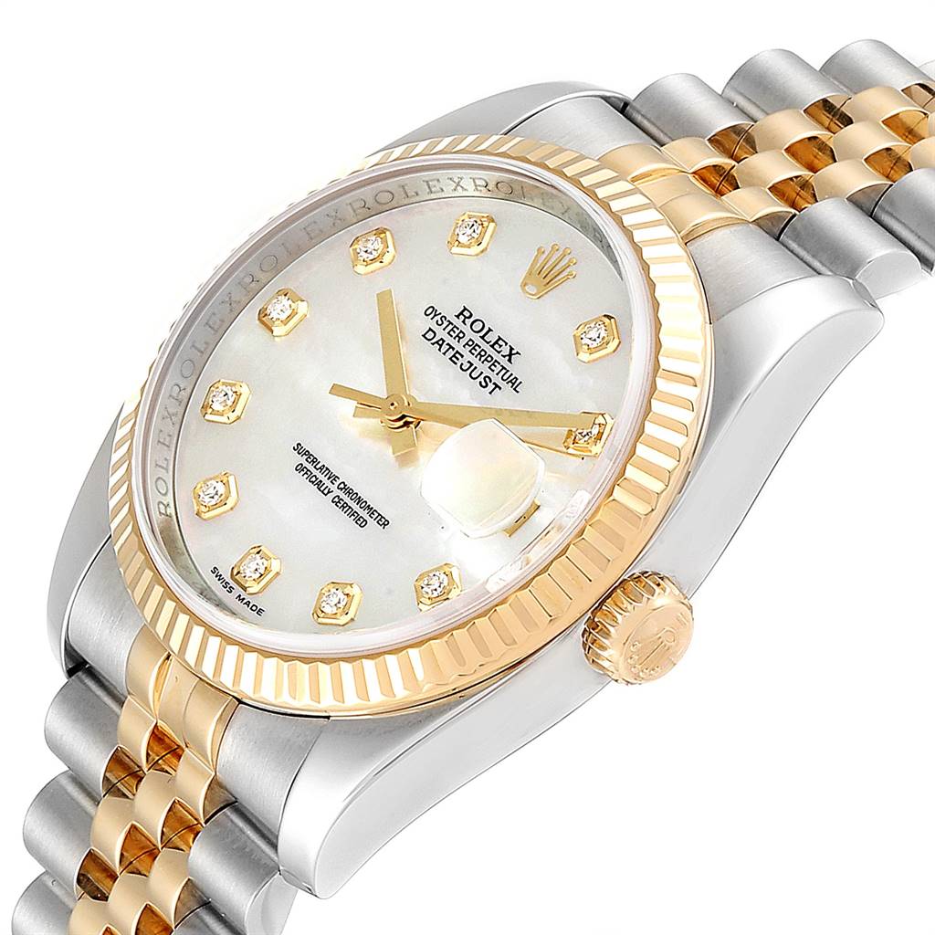 The image shows a close-up angle of a Rolex Datejust 116233 Men's Stainless Steel Mother of Pearl Dial 116233 Men's Stainless Steel Mother of Pearl Dial watch, highlighting its dial, bezel, crown, and bracelet.