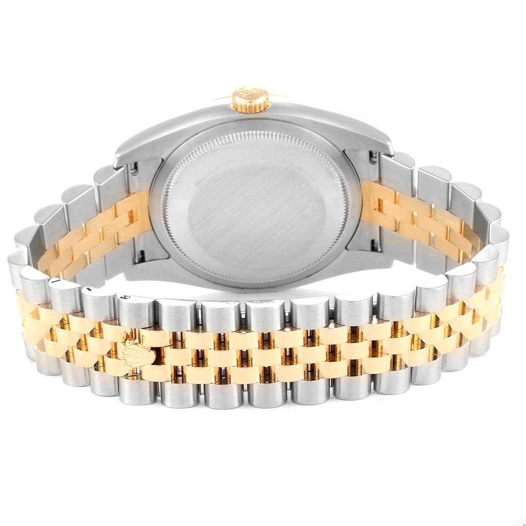 This image shows the back view of a Rolex Datejust 116233 Men's Stainless Steel Mother of Pearl Dial 116233 Men's Stainless Steel Mother of Pearl Dial watch, featuring its two-tone bracelet and blank case back.