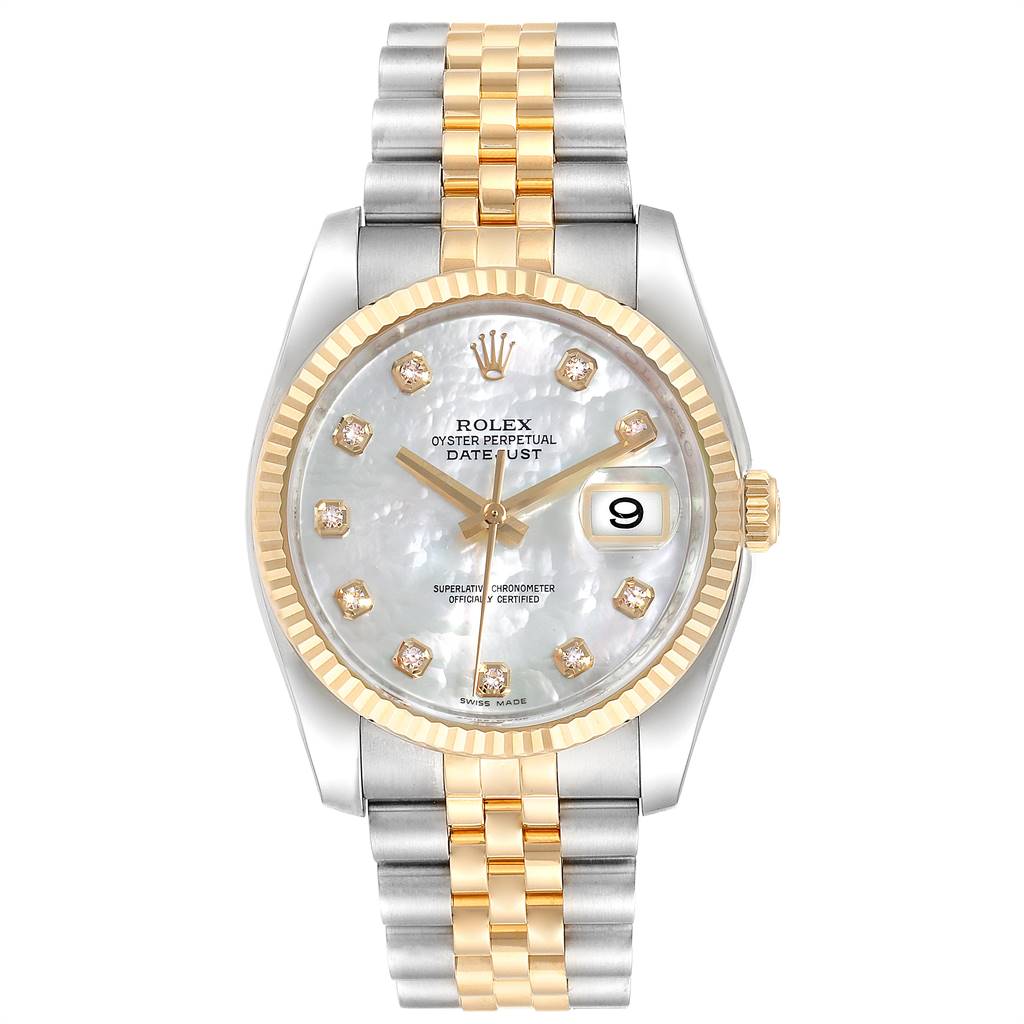 This image shows a front view of a Rolex Datejust 116233 Men's Stainless Steel Mother of Pearl Dial 116233 Men's Stainless Steel Mother of Pearl Dial watch, displaying the dial, case, fluted bezel, and two-tone bracelet.