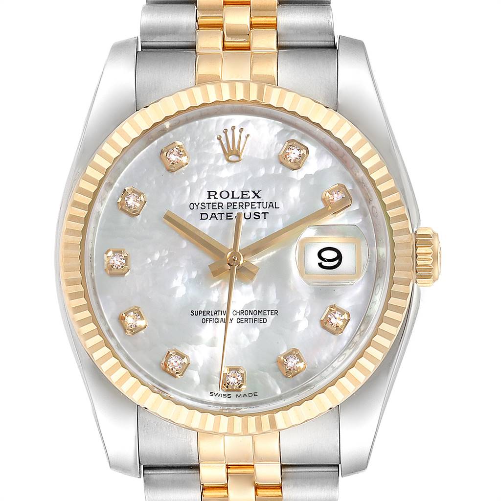 This image shows a front view of a Rolex Datejust 116233 Men's Stainless Steel Mother of Pearl Dial 116233 Men's Stainless Steel Mother of Pearl Dial watch, highlighting its oyster bracelet, diamond markers, and date display at 3 o'clock.