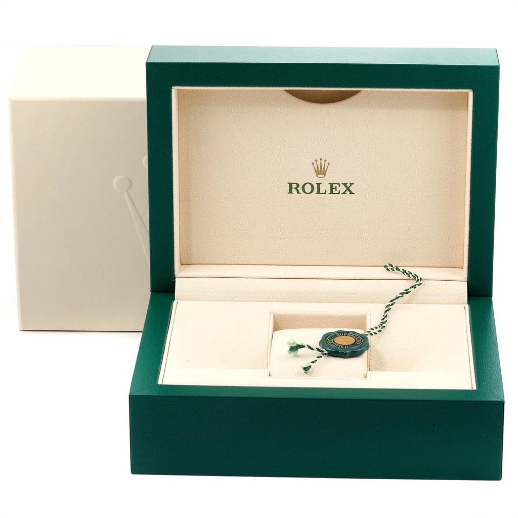 The image shows the open box for a Rolex Datejust 116231 Men's Steel and Gold (two tone) Grey Dial 116231 Men's Steel and Gold (two tone) Grey Dial watch, including the tag accessory within the box.