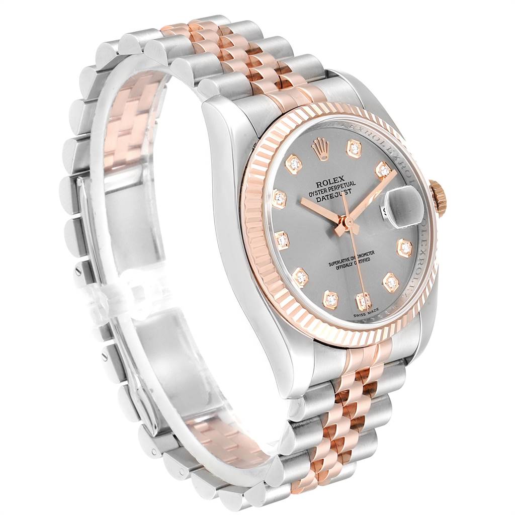 This image shows a Rolex Datejust 116231 Men's Steel and Gold (two tone) Grey Dial 116231 Men's Steel and Gold (two tone) Grey Dial model watch, focusing on the face, fluted bezel, and Jubilee bracelet at an oblique angle.