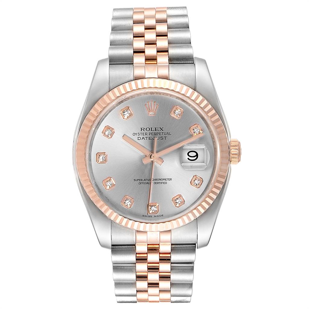The Rolex Datejust 116231 Men's Steel and Gold (two tone) Grey Dial 116231 Men's Steel and Gold (two tone) Grey Dial watch is shown from the front, displaying its face, bezel, jubilee bracelet, and date window.