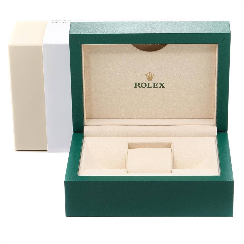 The image shows an open green and beige Rolex Datejust 116231 Men's Steel and Gold (two tone) Blue Dial 116231 Men's Steel and Gold (two tone) Blue Dial watch box from a front angle.