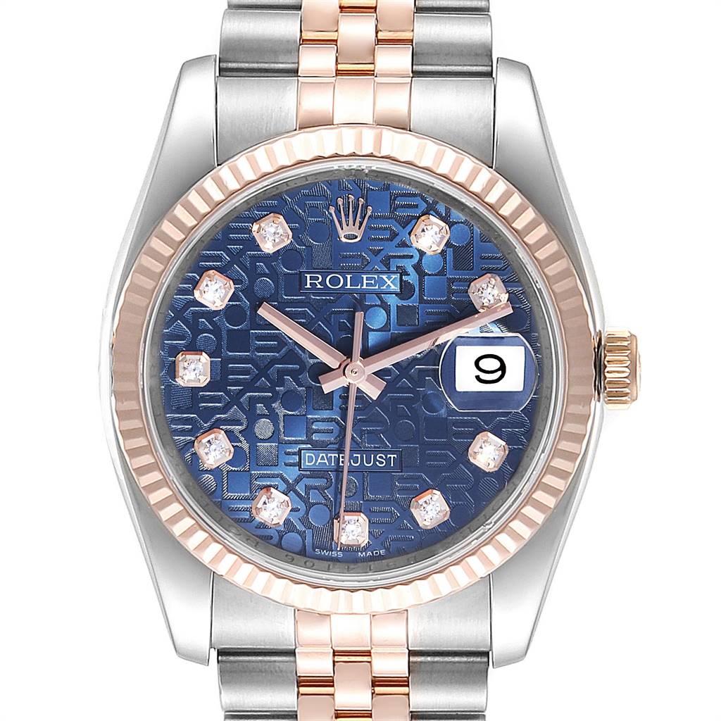 The Rolex Datejust 116231 Men's Steel and Gold (two tone) Blue Dial 116231 Men's Steel and Gold (two tone) Blue Dial watch is shown from the front, highlighting the blue dial, date feature, and two-tone bracelet.