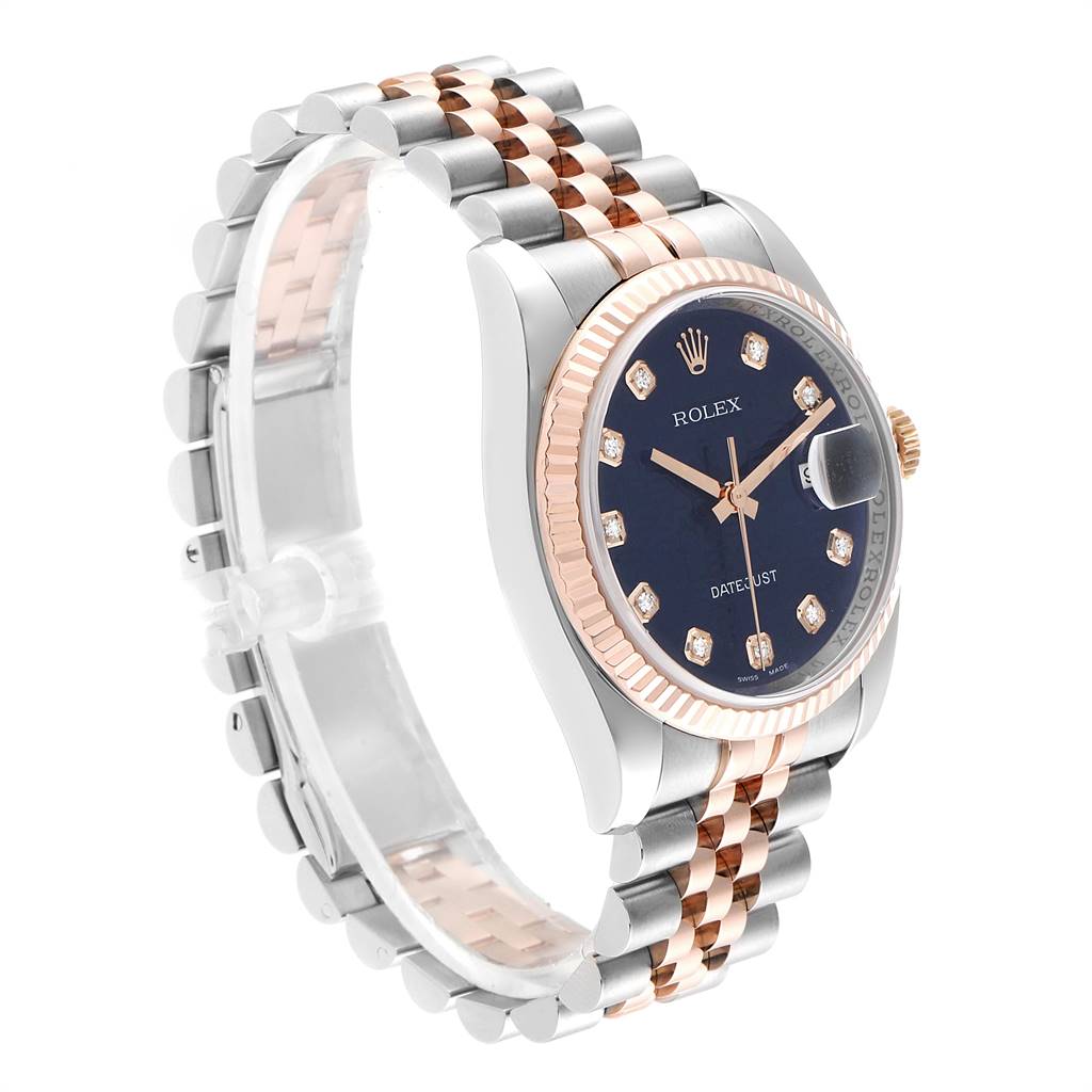 This image shows a side angle of the Rolex Datejust 116231 Men's Steel and Gold (two tone) Blue Dial 116231 Men's Steel and Gold (two tone) Blue Dial watch, highlighting its face, bezel, and two-tone bracelet.