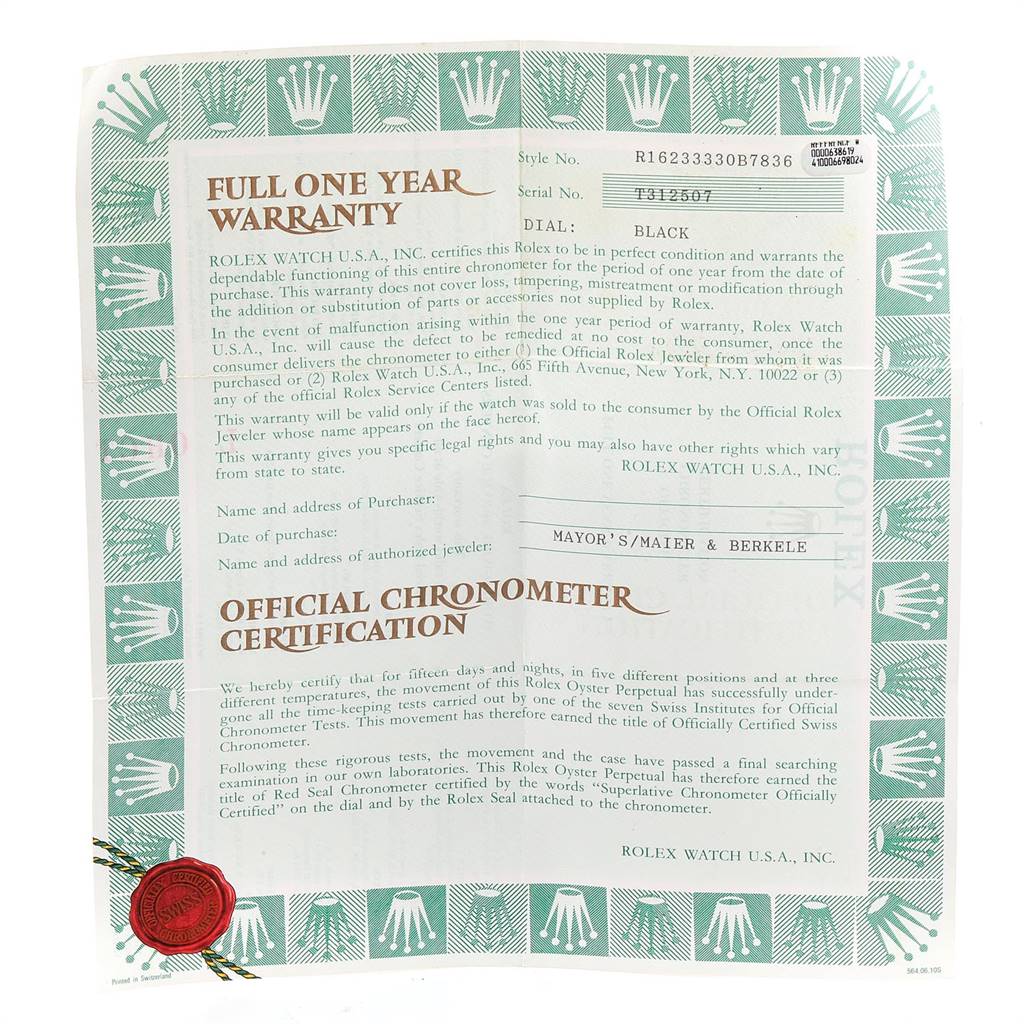 The image shows the official chronometer certification and warranty paperwork for a Rolex Datejust 16233 Men's Steel and Gold (two tone) Champagne Dial 16233 Men's Steel and Gold (two tone) Champagne Dial model watch.