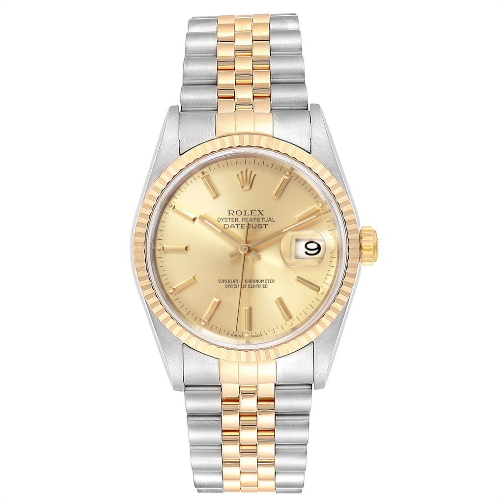 The image shows a Rolex Datejust 16233 Men's Steel and Gold (two tone) Champagne Dial 16233 Men's Steel and Gold (two tone) Champagne Dial watch with a gold dial, fluted bezel, and two-tone jubilee bracelet, viewed from the front.