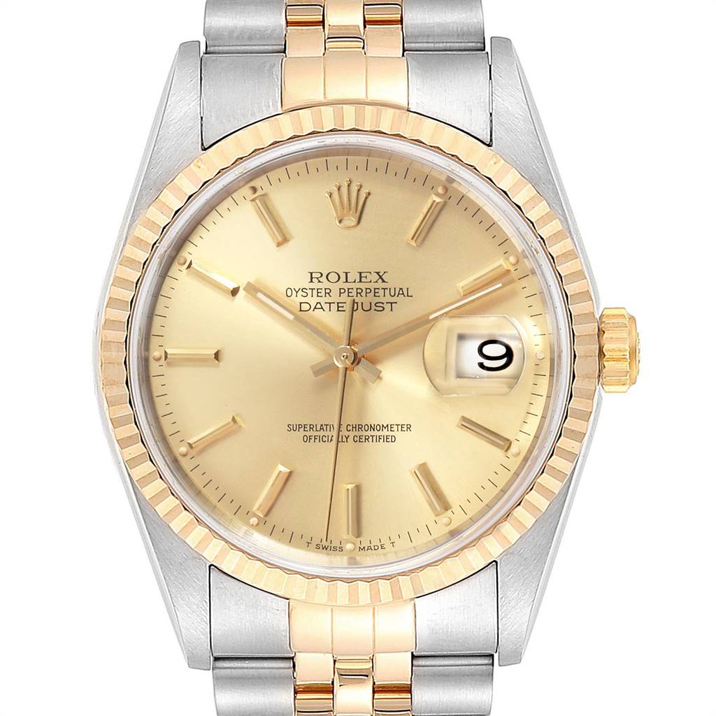 This image shows a front view of a Rolex Datejust 16233 Men's Steel and Gold (two tone) Champagne Dial 16233 Men's Steel and Gold (two tone) Champagne Dial watch, highlighting its dial, bezel, and bracelet.