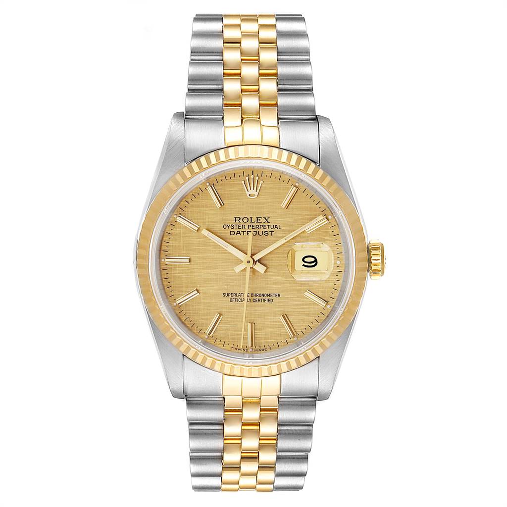 The Rolex Datejust 16233 Men's Steel and Gold (two tone) Champagne Dial 16233 Men's Steel and Gold (two tone) Champagne Dial watch is shown from a front angle, displaying its dial, case, and bracelet.