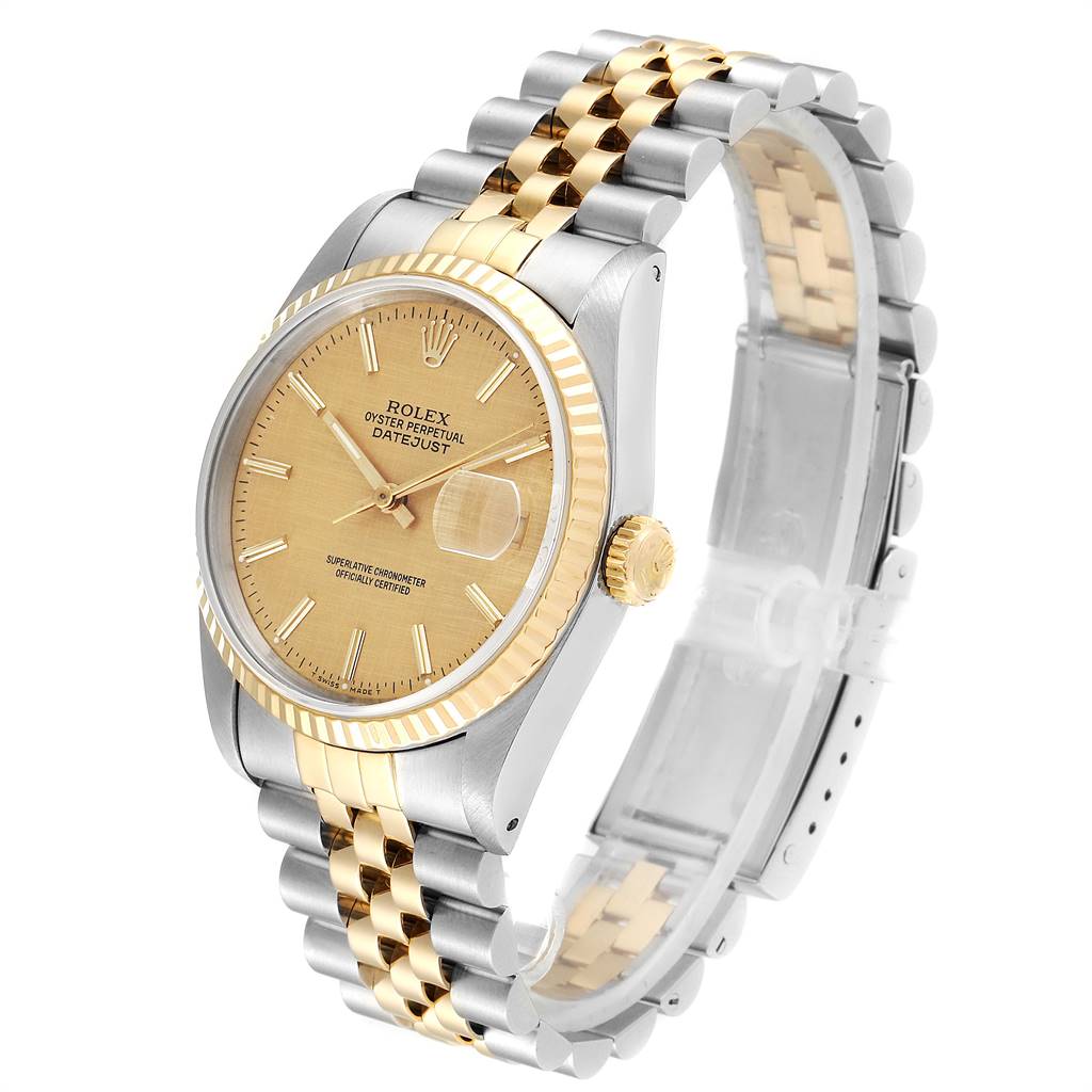 This Rolex Datejust 16233 Men's Steel and Gold (two tone) Champagne Dial 16233 Men's Steel and Gold (two tone) Champagne Dial watch is shown at a three-quarter angle, showcasing the dial, bezel, crown, and the two-tone Jubilee bracelet.
