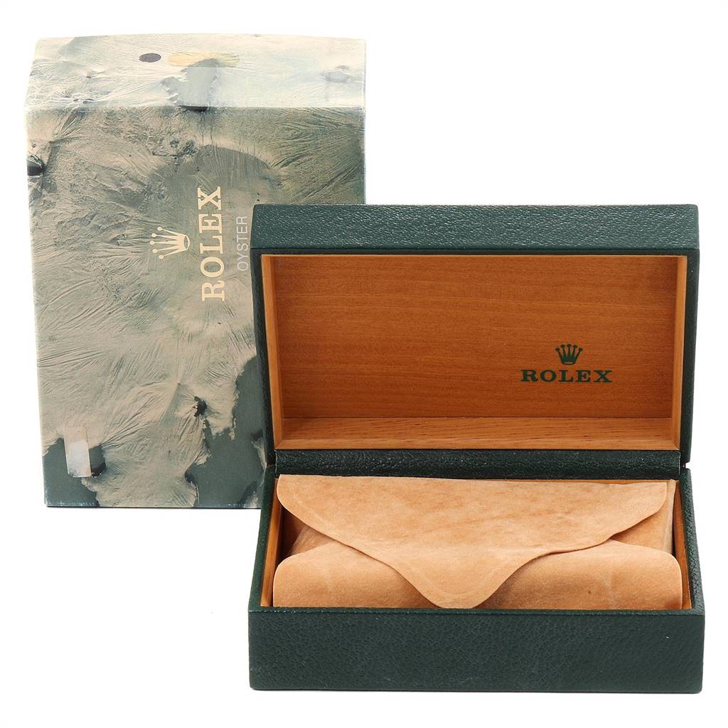 The image shows an open Rolex Datejust 16233 Men's Steel and Gold (two tone) Champagne Dial 16233 Men's Steel and Gold (two tone) Champagne Dial watch box and its outer packaging from a front view.