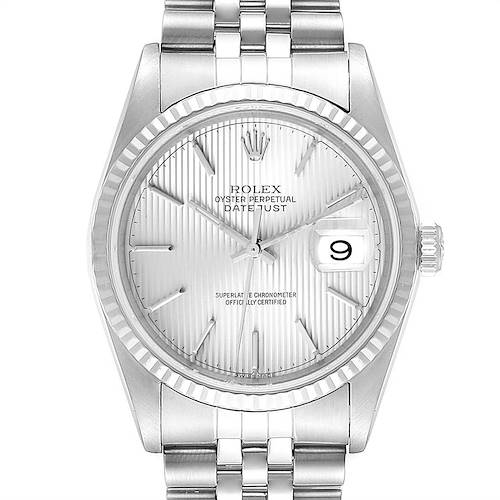 This image shows a Rolex Datejust watch from a front angle, highlighting the dial, markers, hands, and Jubilee bracelet.