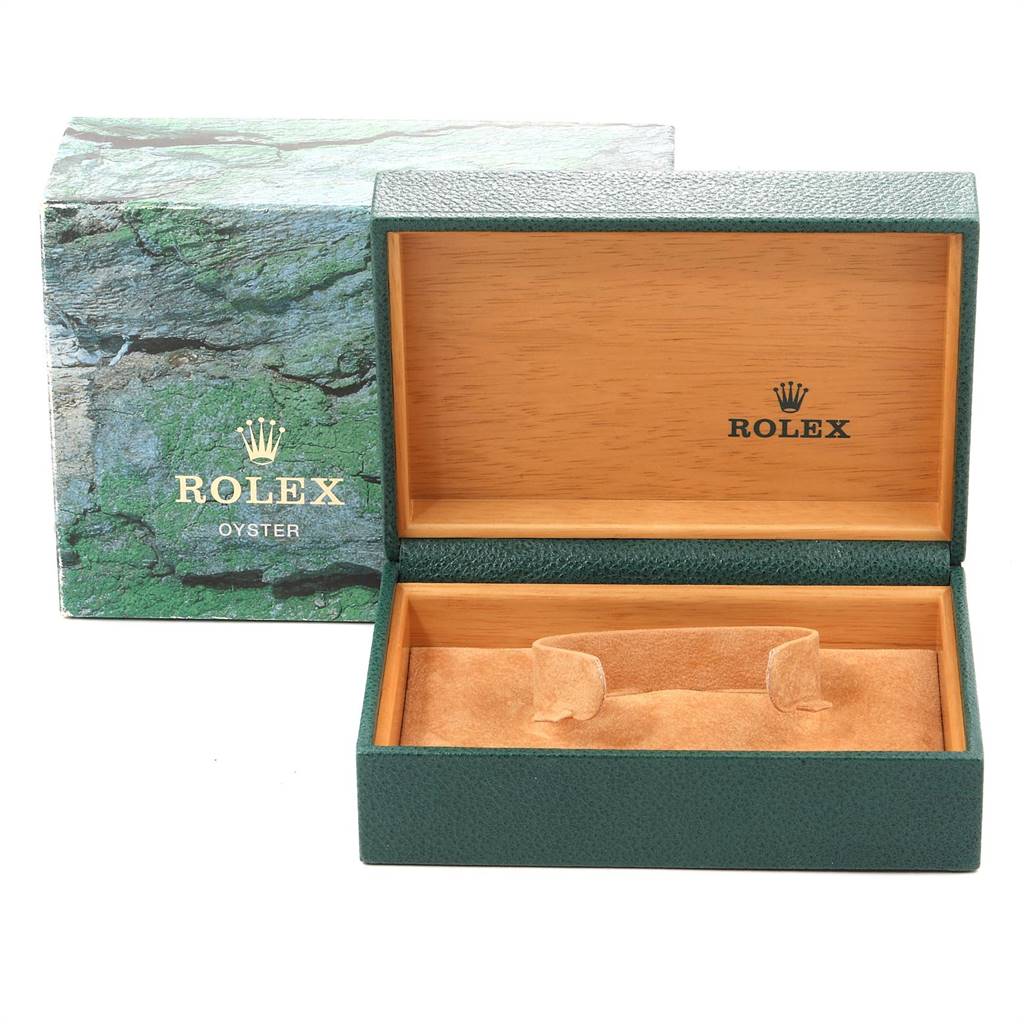 This image shows a Rolex Datejust 16233 Men
s Steel and Gold (two tone) Beige Dial 16233 Men
s Steel and Gold (two tone) Beige Dial watch box and packaging, with the box lid open revealing the interior.