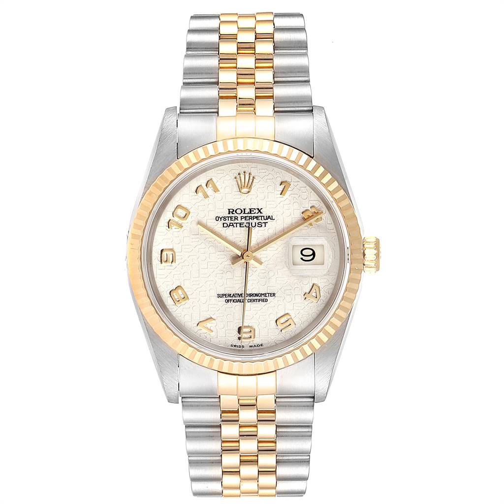 This image shows the front view of a Rolex Datejust 16233 Men
s Steel and Gold (two tone) Beige Dial 16233 Men
s Steel and Gold (two tone) Beige Dial watch, highlighting its dial, bezel, crown, and dual-tone bracelet.