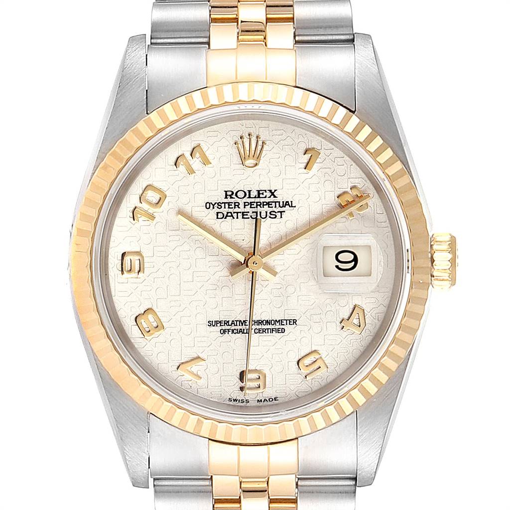 The image shows a front view of the Rolex Datejust 16233 Men
s Steel and Gold (two tone) Beige Dial 16233 Men
s Steel and Gold (two tone) Beige Dial watch, highlighting its face, bezel, and part of the bracelet.
