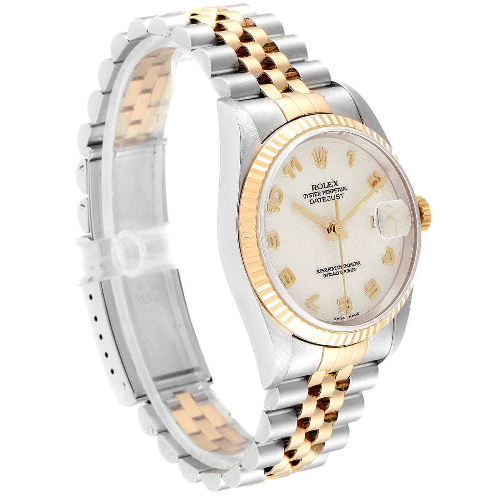 The image shows a Rolex Datejust 16233 Men
s Steel and Gold (two tone) Beige Dial 16233 Men
s Steel and Gold (two tone) Beige Dial watch at an angled view, highlighting the face, bezel, crown, and jubilee bracelet.