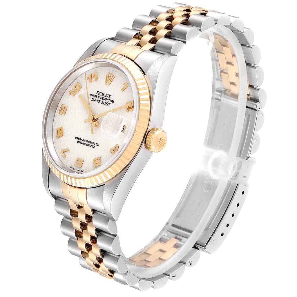 The Rolex Datejust 16233 Men
s Steel and Gold (two tone) Beige Dial 16233 Men
s Steel and Gold (two tone) Beige Dial watch is shown at a three-quarter angle, highlighting the face, bezel, crown, and bracelet. 