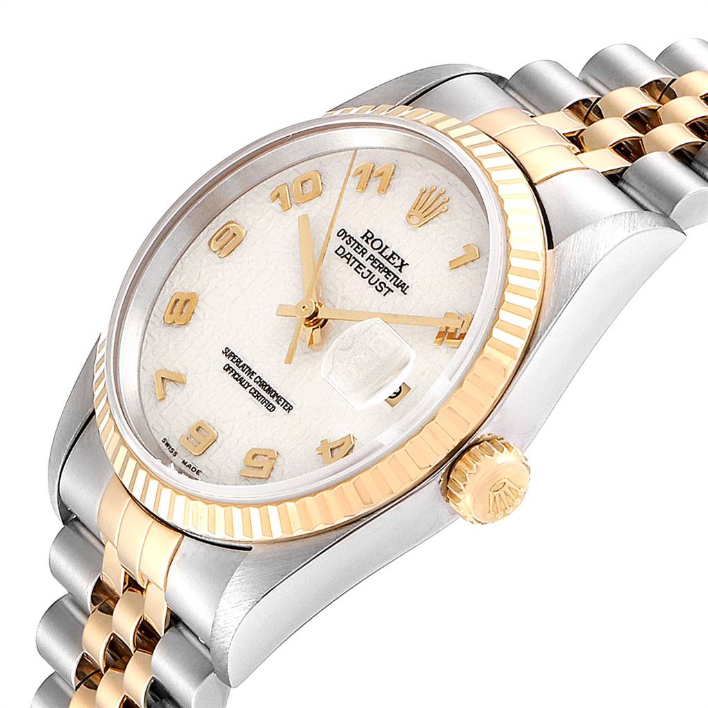 This image shows a side angle of the Rolex Datejust 16233 Men
s Steel and Gold (two tone) Beige Dial 16233 Men
s Steel and Gold (two tone) Beige Dial watch, highlighting the dial, crown, bezel, and bracelet.