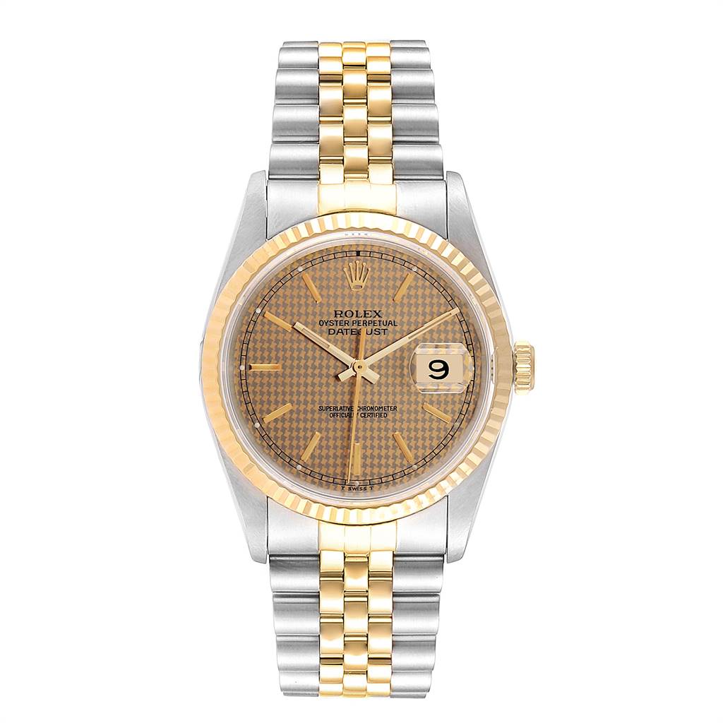 The image shows a Rolex Datejust 16233 Men
s Steel and Gold (two tone) Champagne Dial 16233 Men
s Steel and Gold (two tone) Champagne Dial watch from a front angle, highlighting the dial, fluted bezel, and two-tone bracelet.