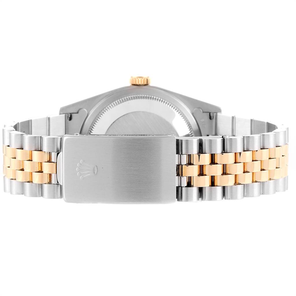 The image shows the back case and bracelet of a Rolex Datejust 16233 Men's Steel and Gold (two tone) Champagne Dial 16233 Men's Steel and Gold (two tone) Champagne Dial watch, highlighting the two-tone Jubilee bracelet and clasp.