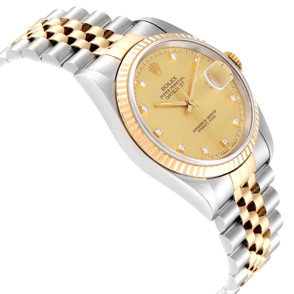 The image shows a Rolex Datejust 16233 Men's Steel and Gold (two tone) Champagne Dial 16233 Men's Steel and Gold (two tone) Champagne Dial watch angled to display its gold dial, case, fluted bezel, and two-tone Jubilee bracelet.