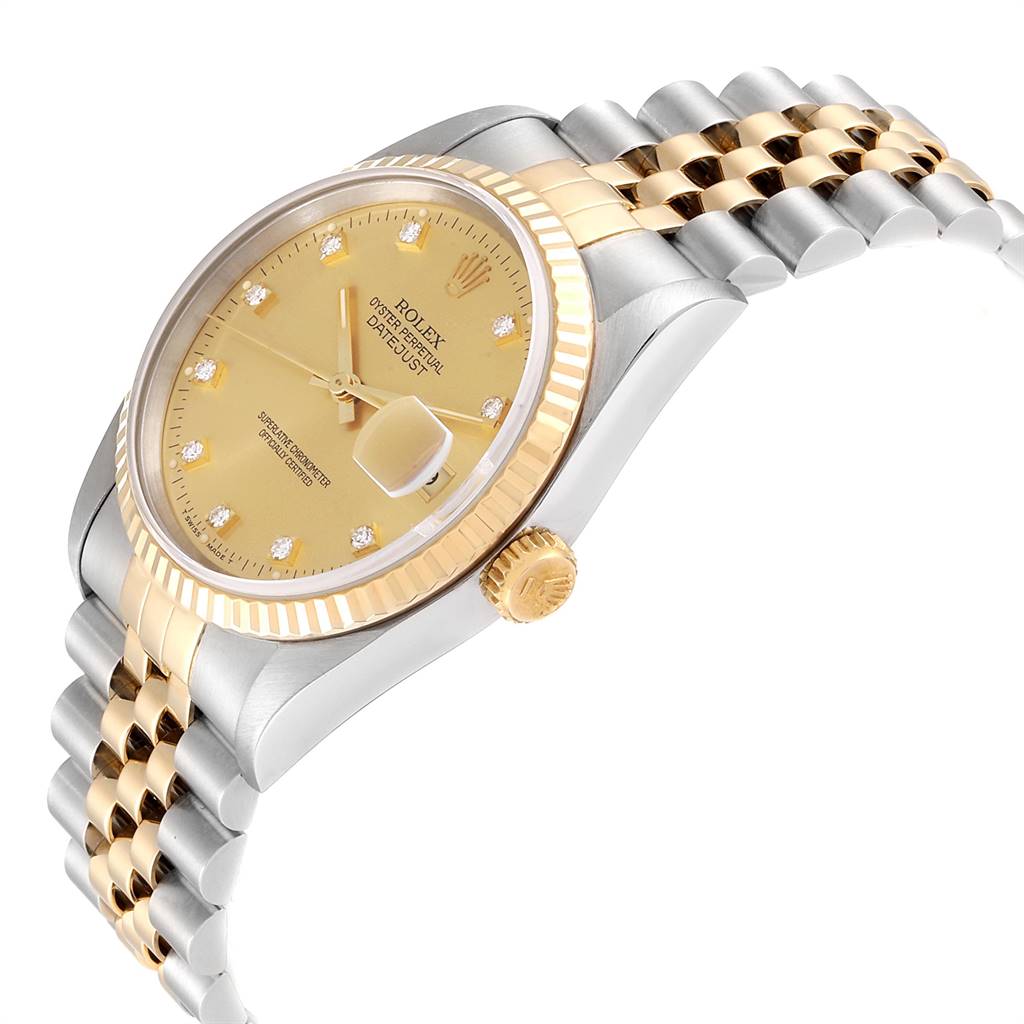 This image shows a side profile of a Rolex Datejust 16233 Men's Steel and Gold (two tone) Champagne Dial 16233 Men's Steel and Gold (two tone) Champagne Dial watch, highlighting its dial, crown, and bracelet.