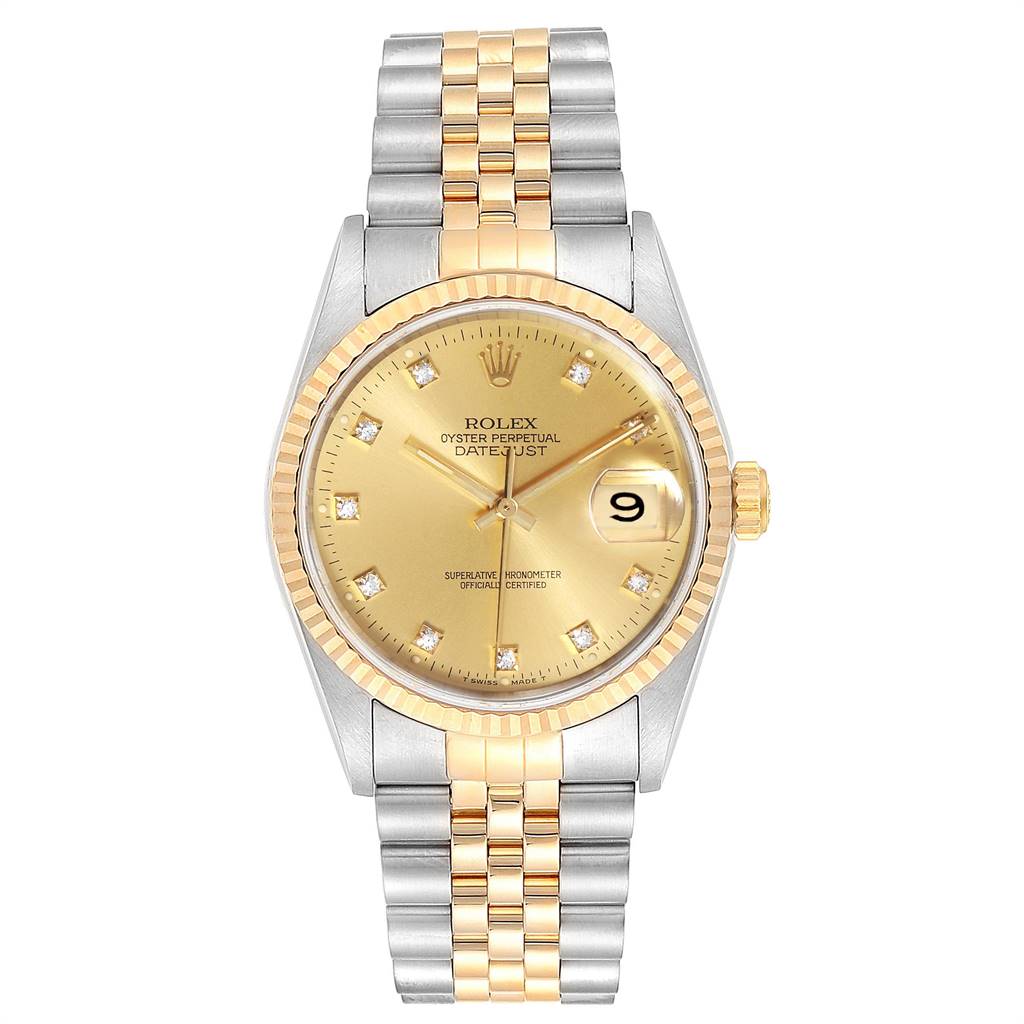 The image shows a front view of a Rolex Datejust 16233 Men's Steel and Gold (two tone) Champagne Dial 16233 Men's Steel and Gold (two tone) Champagne Dial watch, featuring a gold dial, diamond hour markers, and a two-tone bracelet.