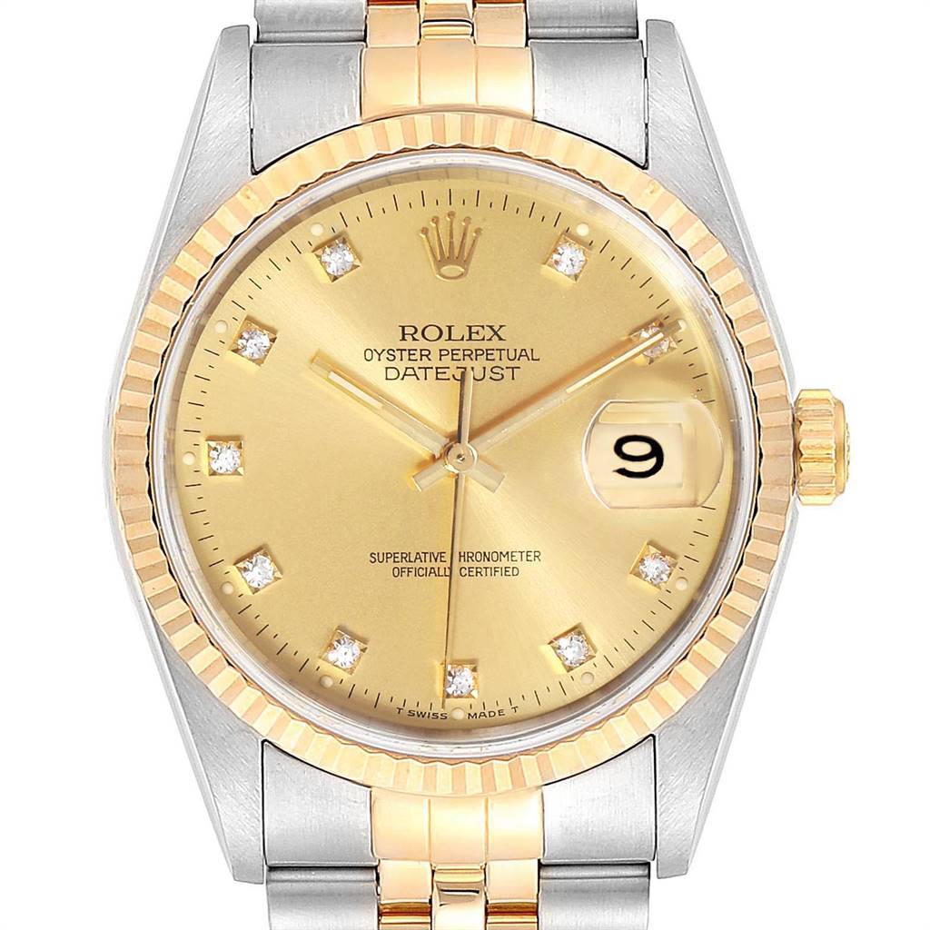 This image shows a Rolex Datejust 16233 Men's Steel and Gold (two tone) Champagne Dial 16233 Men's Steel and Gold (two tone) Champagne Dial watch from a frontal angle, displaying the gold dial and diamond hour markers.