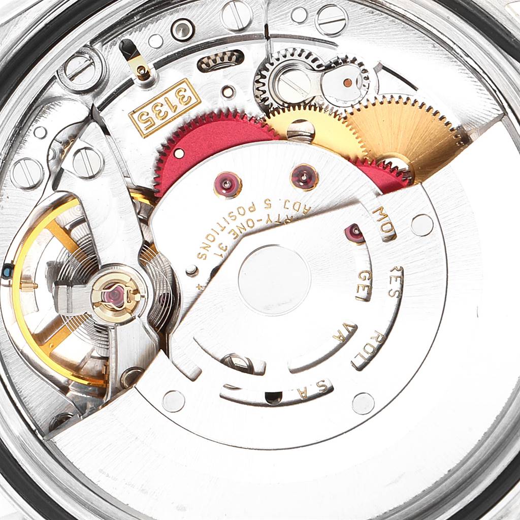 This image shows a close-up view of the movement mechanism inside a Rolex Datejust 16233 Men's Steel and Gold (two tone) Champagne Dial 16233 Men's Steel and Gold (two tone) Champagne Dial watch.